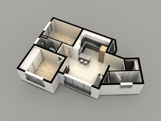 Obraz premium 3d isomatric rendering three rooms gray background