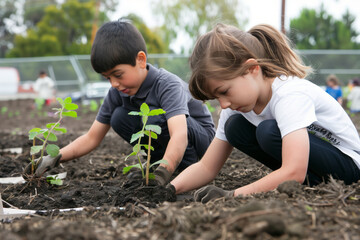 Children planting trees in a community garden
