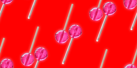 Seamless pattern of vibrant candy lollipops lines on  red background.