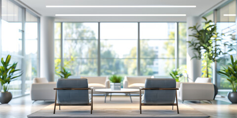 Fototapeta premium Modern office with panoramic view featuring two chairs, coffee table, large windows, plants, and couches for a calming and relaxing atmosphere