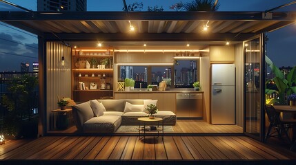 A modern container home with a kitchen living room and balcony overlooking a city skyline at night