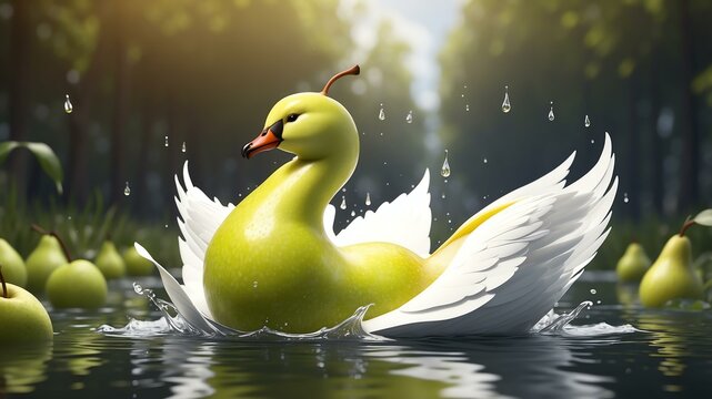 a juicy pear evolving into a graceful swan gliding acr background
