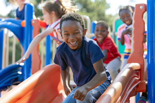 African american young boy smiles as he sits on a playground slide with other children playing around him