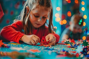a little girl that is sitting at a table