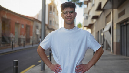 Young handsome hispanic man standing confidently in a city street wearing glasses and a white t-shirt, with urban buildings in the background on a sunny day.