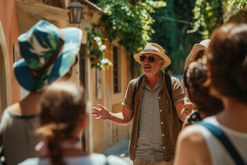 Male tourist guide showing European city to the group of tourists