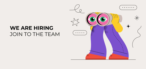 Funny character holding binoculars. Seo, searching, looking for, finding, hiring concept. Isolated design elements. Vector illustration