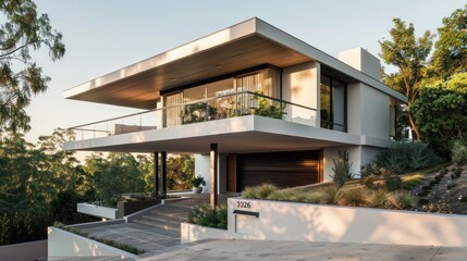 Fototapeta premium Modern suburban home with a clean, minimalist design, featuring an elevated porch and a hidden driveway