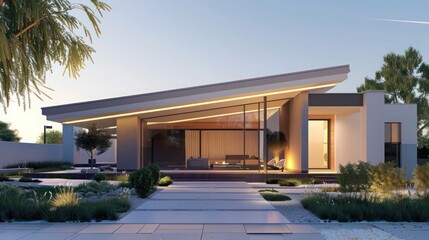 Fototapeta premium Modern suburban home with a clean, minimalist aesthetic, featuring a single-level design and low-profile roof