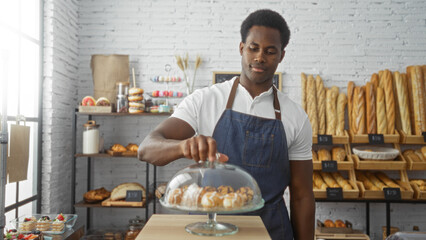 Young man in a bakery shop arranging pastries in a display case with bread and other baked goods in the background