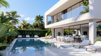 Fototapeta premium A luxurious villa featuring a poolside dining area with modern furniture, lush green surroundings, and comfortable lounge chairs, creating a relaxing and elegant outdoor space.