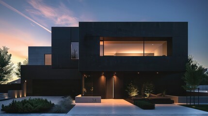 Modern suburban home with a striking minimalist design, featuring a black facade and hidden entrance, under twilight