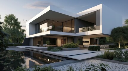 Fototapeta premium Modern suburban home with a minimalist exterior, featuring sharp architectural angles and a tranquil pond