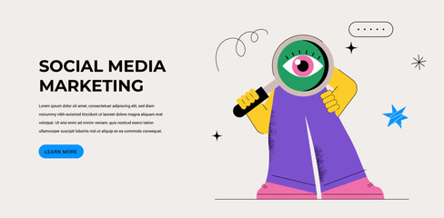 Funny character holding magnifying glass. Seo, searching, looking for, finding, hiring concept. Isolated design elements. Vector illustration