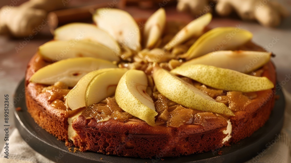 Fototapete gourmet ginger and pear cake with sliced pear topping on a soft ginger background, sophisticated and perfect for elegant text