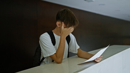 Stressed teen boy with paper in a university setting, embodying academic anxiety.
