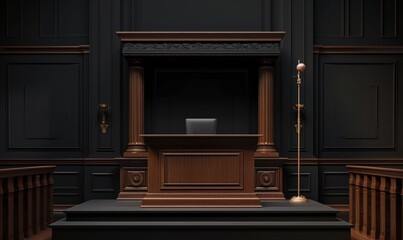 hyper realistic photo empty wooden courtroom podium dark wood black walls bronze details steps modern design gavel microphone stand symmetrical composition