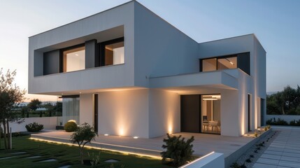 Modern suburban home with a clean, minimalist design, featuring a white facade and integrated outdoor lighting