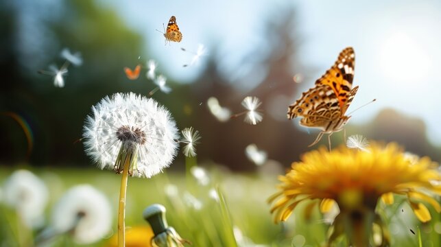 Fototapeta A delightful image of butterflies fluttering around dandelions with seeds floating in a sunlit field, capturing the essence of springtime joy and natural beauty.