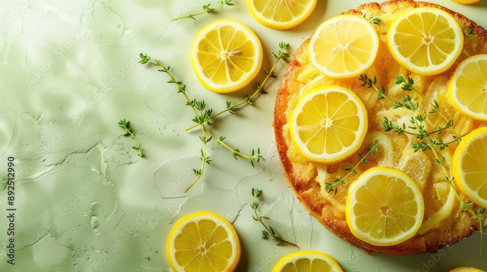 Fototapete gourmet lemon and thyme cake with lemon slices on a soft thyme green background, sophisticated and perfect for fresh text