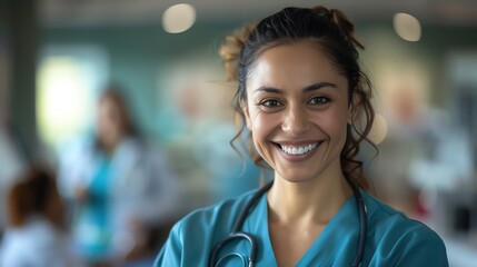 Fototapeta premium A smiling nurse on World Mental Health Day, expressing care in a close-up shot with a medical environment background, more clarity with clear light and sharp focus, high detailed