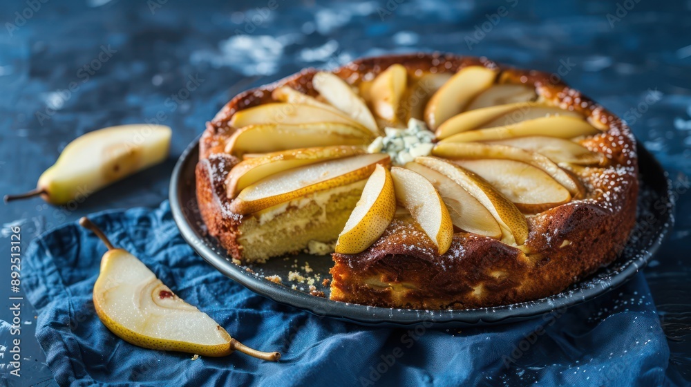 Fototapete gourmet pear and gorgonzola cake with pear slices on a deep blue background, sophisticated and perfe