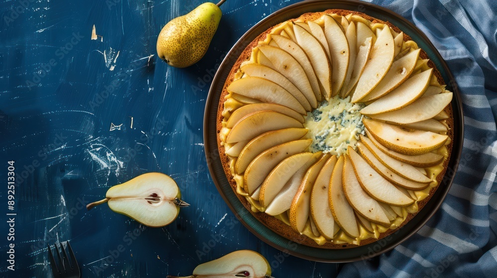 Fototapete gourmet pear and gorgonzola cake with pear slices on a deep blue background, sophisticated and perfe