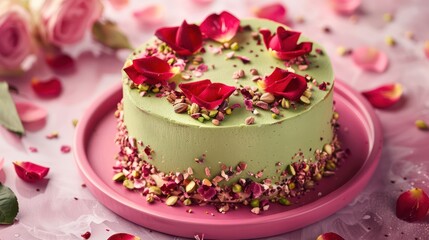 gourmet pistachio and rose cake with rose petals on a soft rose background, sophisticated and perfect for elegant text