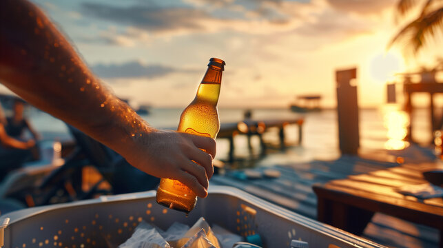 A man's hand a glass bottle of beer from the refrigerator with ice against a backdrop of sea and palm tree. Concept vacation, rest, party, beach club