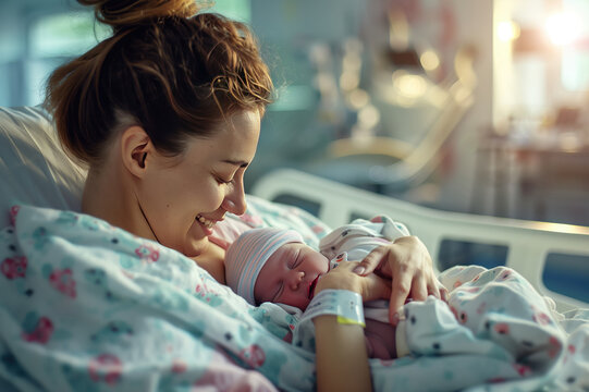 Young mother holding her new born child after labor. Parent and infant first moments of bonding in the hospital maternity ward.