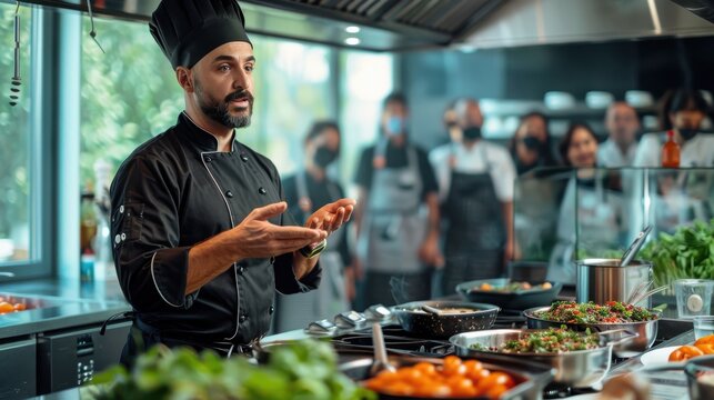 A professional chef in a black uniform teaches a cooking class, engaging with students in a modern kitchen setting.