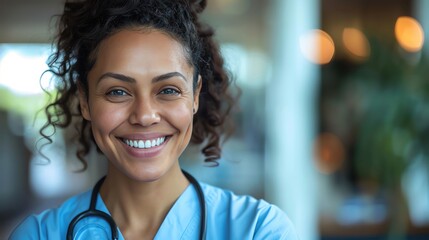 Fototapeta premium A smiling nurse on World Mental Health Day, expressing care in a close-up shot with a medical environment background, more clarity with clear light and sharp focus, high detailed