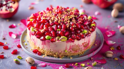 gourmet pomegranate and pistachio cake with edible petals on a rich magenta background, luxurious for vibrant text