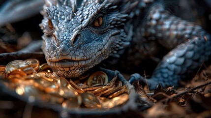 A fierce blue dragon is depicted guarding a treasure hoard, with sharp eyes fixed on the viewer amidst a pile of gleaming gold coins and artifacts.