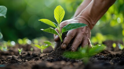 Close-up of hands planting a young seedling in the soil, symbolizing growth, nurturing, and the environment.