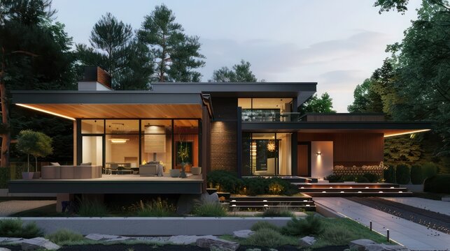 Modern suburban home with a clean, minimalist design, featuring an elevated porch and a hidden driveway
