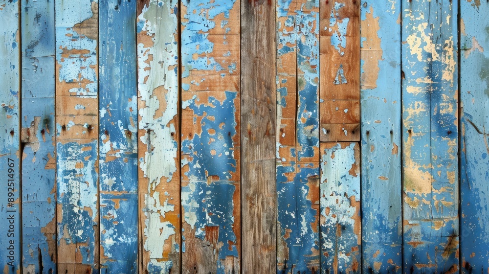 Sticker painted wooden boards with peeling old paint featuring blue and brown colors