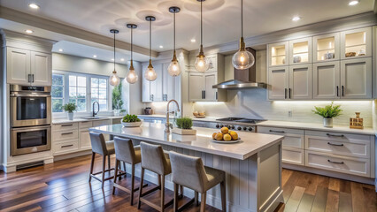 A newly renovated kitchen features a skilled electrician's handiwork, with sleek wiring and modern lighting fixtures perfectly balancing form and function in a stylish space.