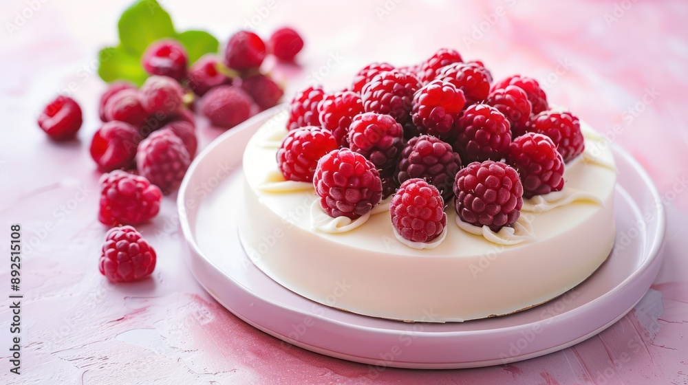 Fototapete gourmet white chocolate and raspberry cake with fresh raspberries on a soft pink background, elegant