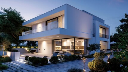 Fototapeta premium Modern suburban home with a clean, minimalist design, featuring a white facade and integrated outdoor lighting