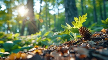 A detailed, close-up capture of fresh green plants and a pinecone lying on the forest floor, beautifully highlighting the serene and lush forest environment.