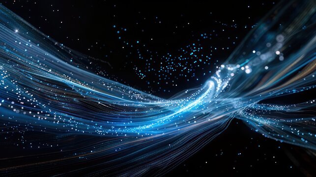Ethereal blue and silver threads against a deep black sky, creating a space-like atmosphere with text room