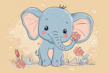 Obraz premium Cute baby elephant holding a flower