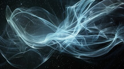 Ethereal threads of light blue and white, intertwining on a deep black background, creating a celestial space for text