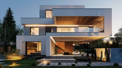 Modern suburban home with minimalist architecture, featuring an asymmetrical design and ambient exterior lighting Ensure room for text