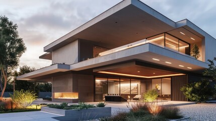 Obraz premium Modern suburban home with minimalist architecture, featuring an asymmetrical design and ambient exterior lighting Ensure room for text