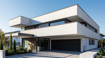 Modern suburban home with minimal design, featuring smooth surfaces and an integrated garage, surrounded by minimal landscaping Space for text