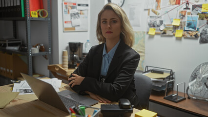 A serious young caucasian blonde woman, dressed in professional attire, sits in a cluttered...