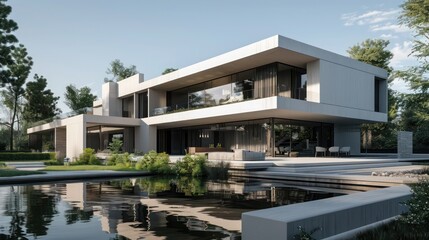 Fototapeta premium Modern suburban home with minimalist architecture, featuring a symmetrical design and a large, tranquil pond in the foreground Include space for text