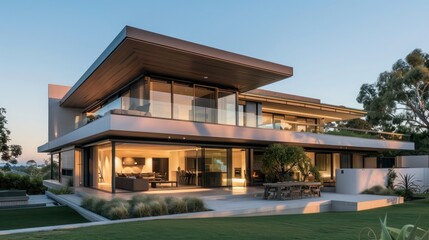 Obraz premium Modern suburban home with minimalist styling, featuring a flat roof and hidden outdoor entertainment areas Include space for text